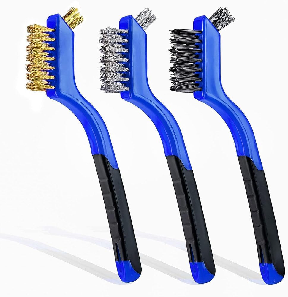 JZSWire Brush Set,Nylon/Brass/Stainless Steel Bristles with Curved Handle Grip for Rust, Dirt & Paint Scrubbing with Deep Cleaning 18cm,Blue,3Pcs
