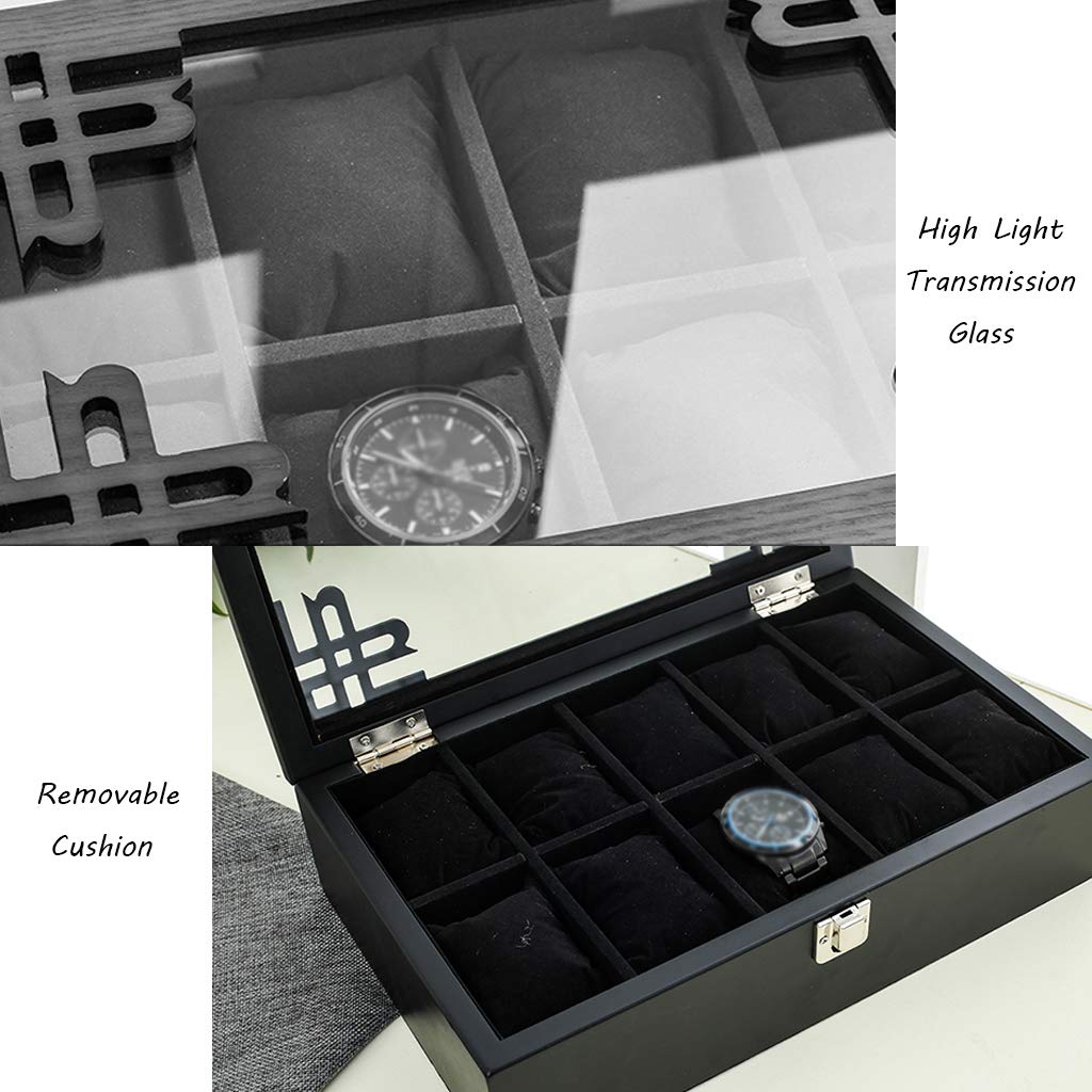 Paquete de 5 cajas de madera para relojes,organizador de exhibición de joyas, tapa de cristal, bandeja para pulseras, hebilla de Metal con cerradura y paquete de 6 cojines de almacenamiento extraíbles