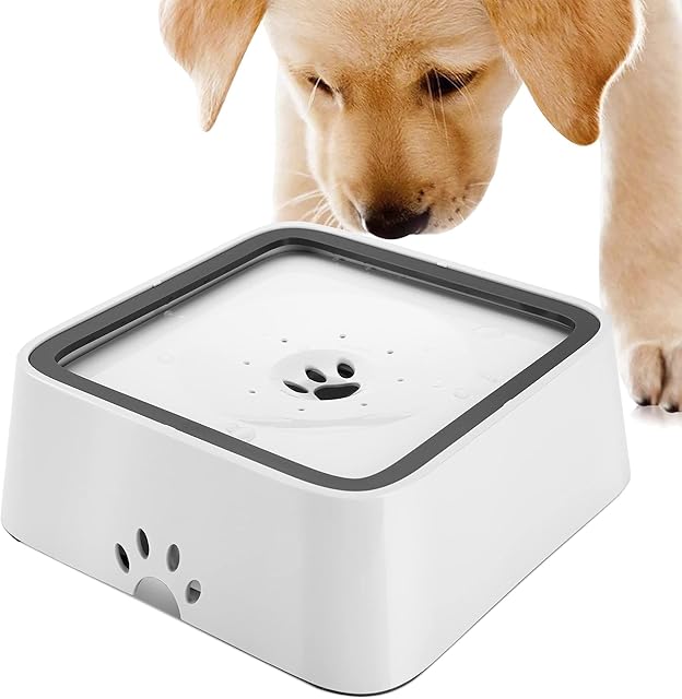 HAPPY HACHI Dog Water Bowl Non Spill, 70oz/2L Large Pet Water Bowl with Filter, Slow Water Feeder Vehicle Carried Splash Free for Dogs Cats Pets, Floating Disk, Grey