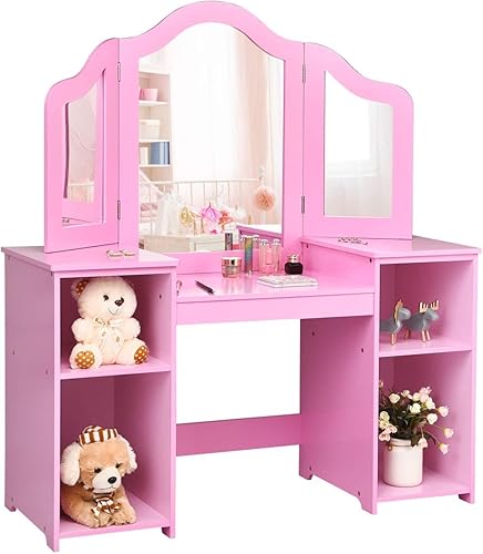 MAT EXPERT Juego de mesa de tocador para niños con espejo de tres pliegues, cómoda de juego con 4 estantes de almacenamiento, tocador de princesa