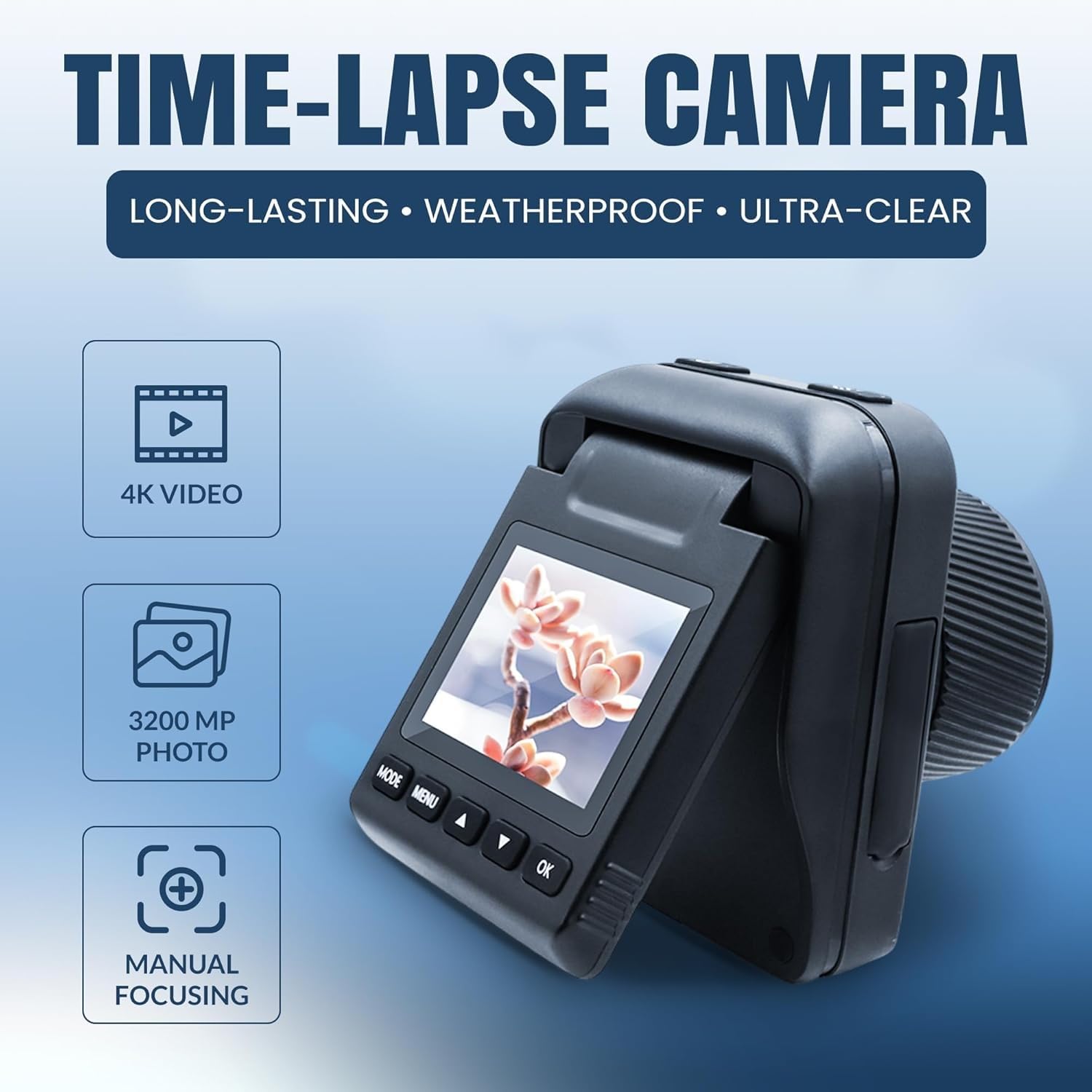 Zeitraffer Kamera, 4K FHD Time Lapse Kamera für Outdoor, IP66 wasserdicht, 180 Tage Aufnahme Time, Timelapse Camera für Baustellen, Pflanzen, Gartenarbeit, Kochen, Sonnenuntergänge (32GB)