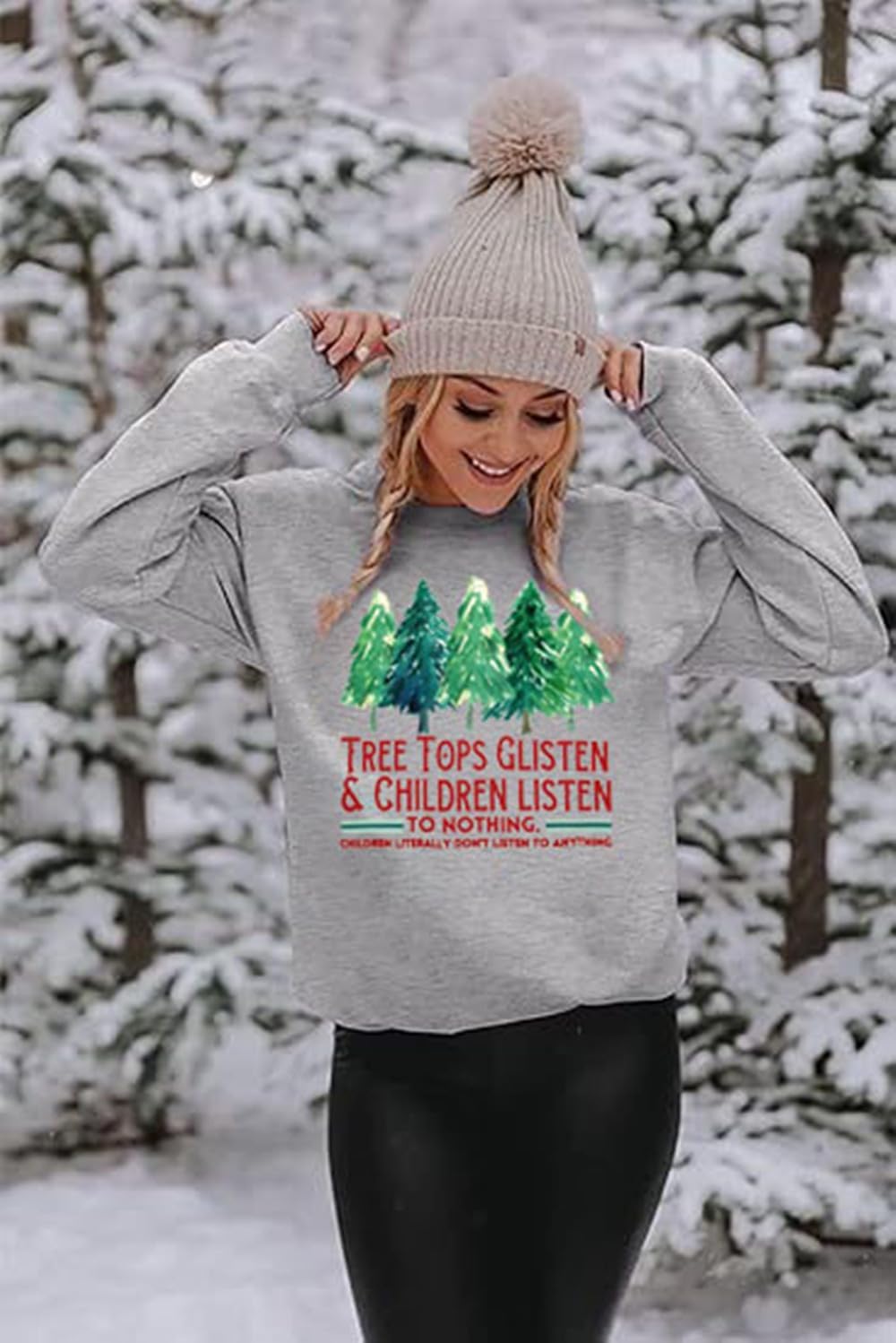 HEYO Christmas Tree Sweatshirts Women Tree Tops Glisten Children Listen To Nothing Shirt Xmas Holiday Pullover Tops - Image 3