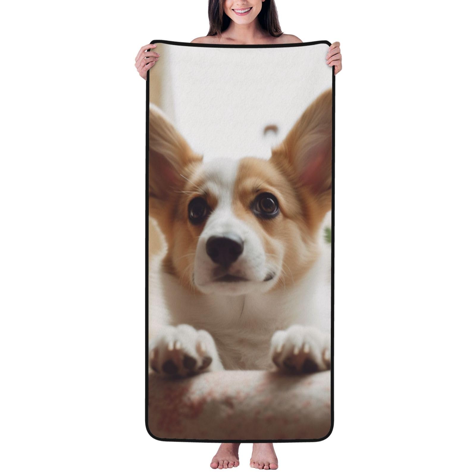 WPKJU Cute Corgi Cartoon Printed Bath Towel with Black Edging - 27x55 in Soft Extra Absorbent Coral Velvet Shower Towels for Bathroom