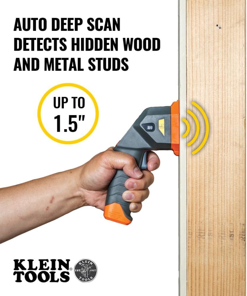 Klein Tools ESF150LL Electronic Stud Finder with Cross-Line Lasers, Bubble Level, Laser Class 3R; ≤5mW; 15-Foot in All Directions, for Wood and Metal Studs, LED and Audio Alert, Batteries Included
