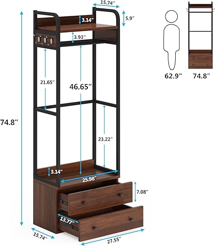 Miniatura 8 de LITTLE TREE Organizador de armario independiente de 75 pulgadas de alto, perchero pequeño con cajones y estantes, perchero pequeño y resistente para