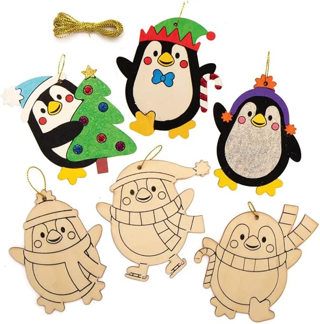 Baker Ross AX353 Penguin Wooden Decorations - Pack of 12, Christmas Decorations for Kids to Decorate and Display, Ideal Kids Arts and Crafts Project
