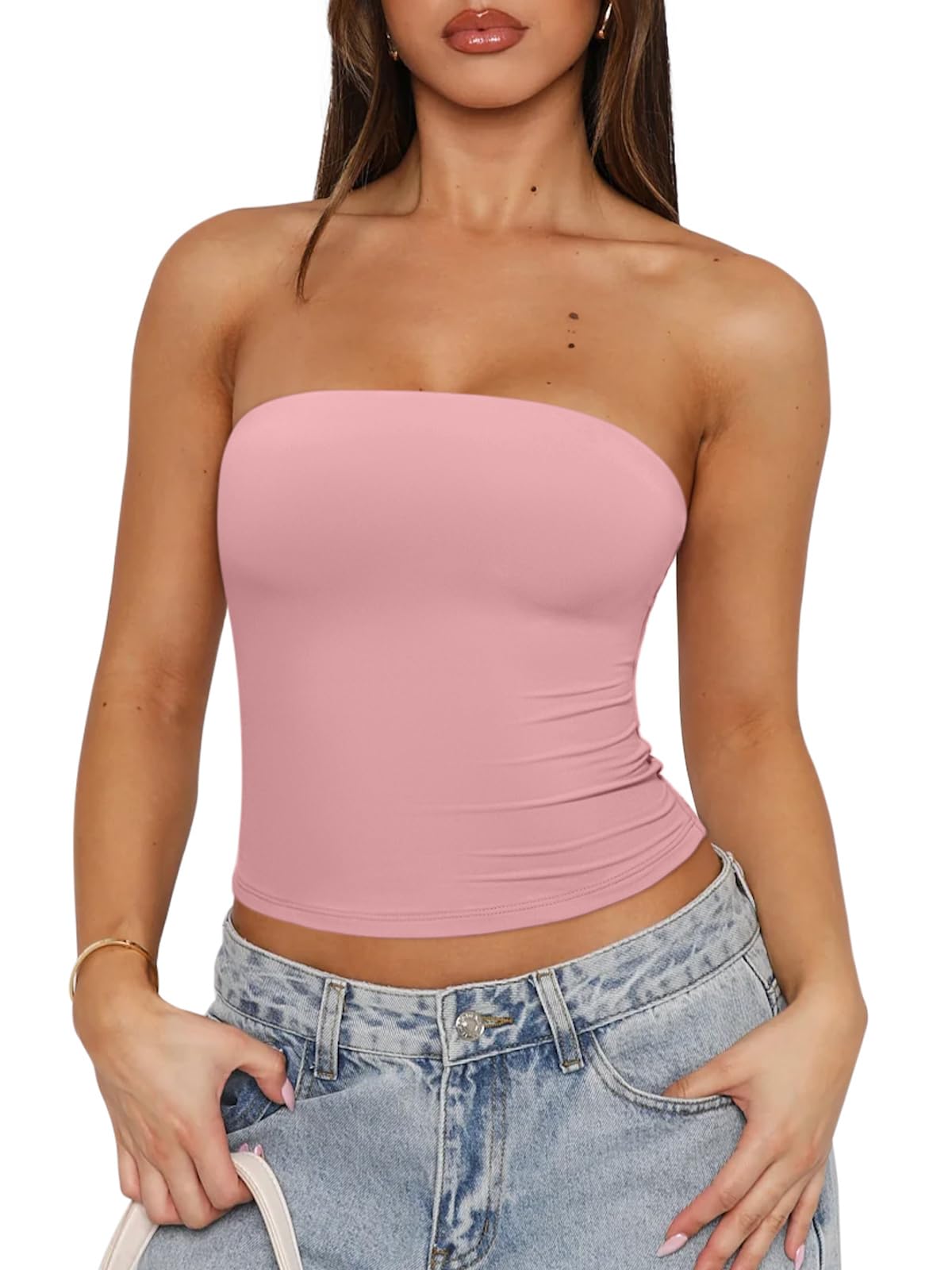 REORIA Women's Y2K Strapless Backless Tube Top Double Lined Sleeveless Crop Tank Top for Summer 2025 Going Out