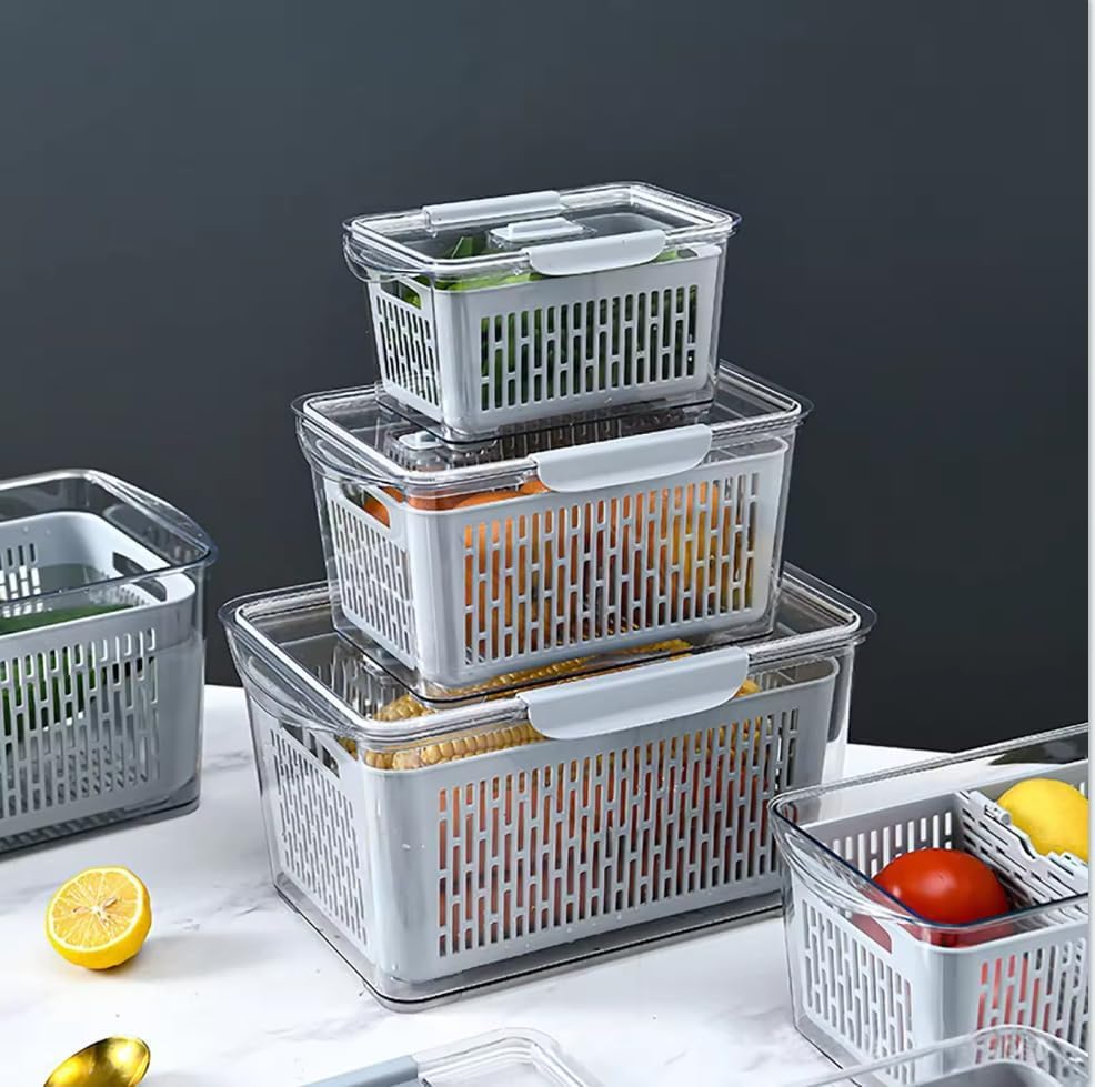 DEZYN - 3 Pack Fresh Container, Produce Saver Container for Refrigerator, Vegetable Fruit Storage Container, Fridge Storage Organizer Bins with Divider, Grey
