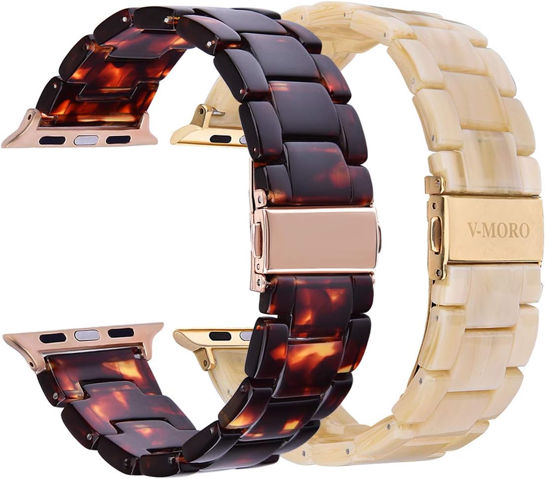V-MORO 2 Pack Resin Lightweight Band Compatible with Apple Watch Band Combine with Stainless Steel Connector Strap Replacement Compatible for iWatch 42mm 44mm Series SE 6 5 4 3 2 1 Tortoise Light Cream