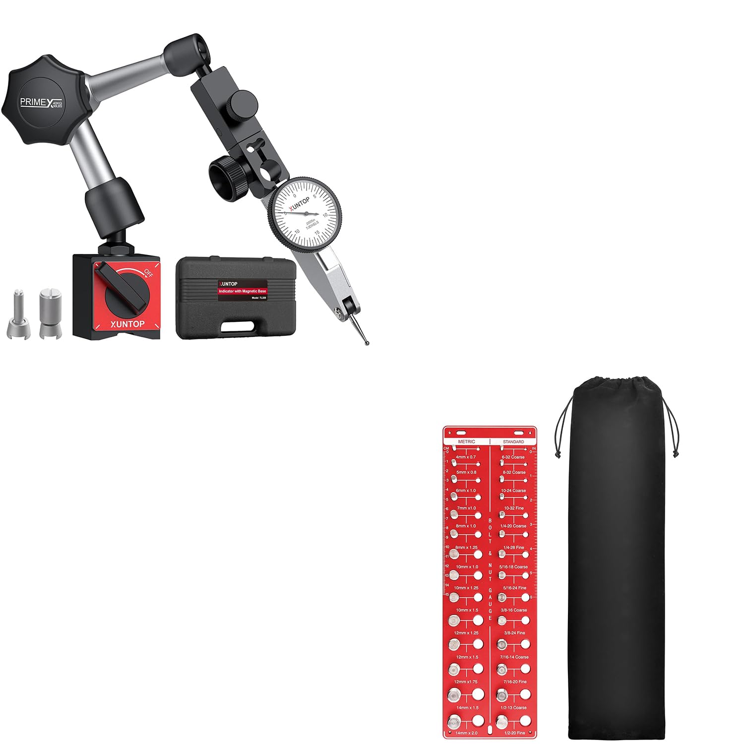 Precision Workshop Setup Kit: 0.03" Dial Test Indicator & 28 Thread Checker Set, with 90lbs Magnetic Base, 3 Adjustable Joints, Portable Plush Bag, Inch/CM Ruler, for CNC, Lathe, Auto, DIY