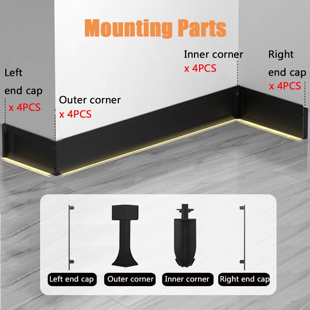 Aluminiowa listwa przypodłogowa LED, 99,8 cm / 1 m, listwa oświetleniowa, aluminiowy profil kanałowy, wys. 65 mm, osłona listwy przypodłogowej do kuchni, salonu, dekoracja domu (10, czarna)