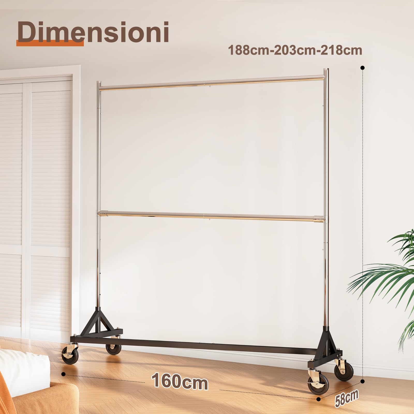 HOKEEPER Appendiabiti da Terra Commerciale Resistente a Doppia Barra, Base a Z con Ruote, 250kg, Altezza Regolabile per Negozi, Boutique, Camera da Letto, Argento