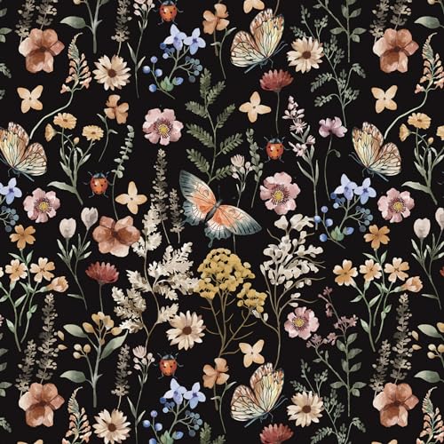 Timeet Peel and Stick Wallpaper Floral Butterfly Vintage Black Self Adhesive Wallpaper 41CMX3M Vinyl Flim Sticky Back Plastic Contact Paper for Living Room Bedroom Wall Cabinet