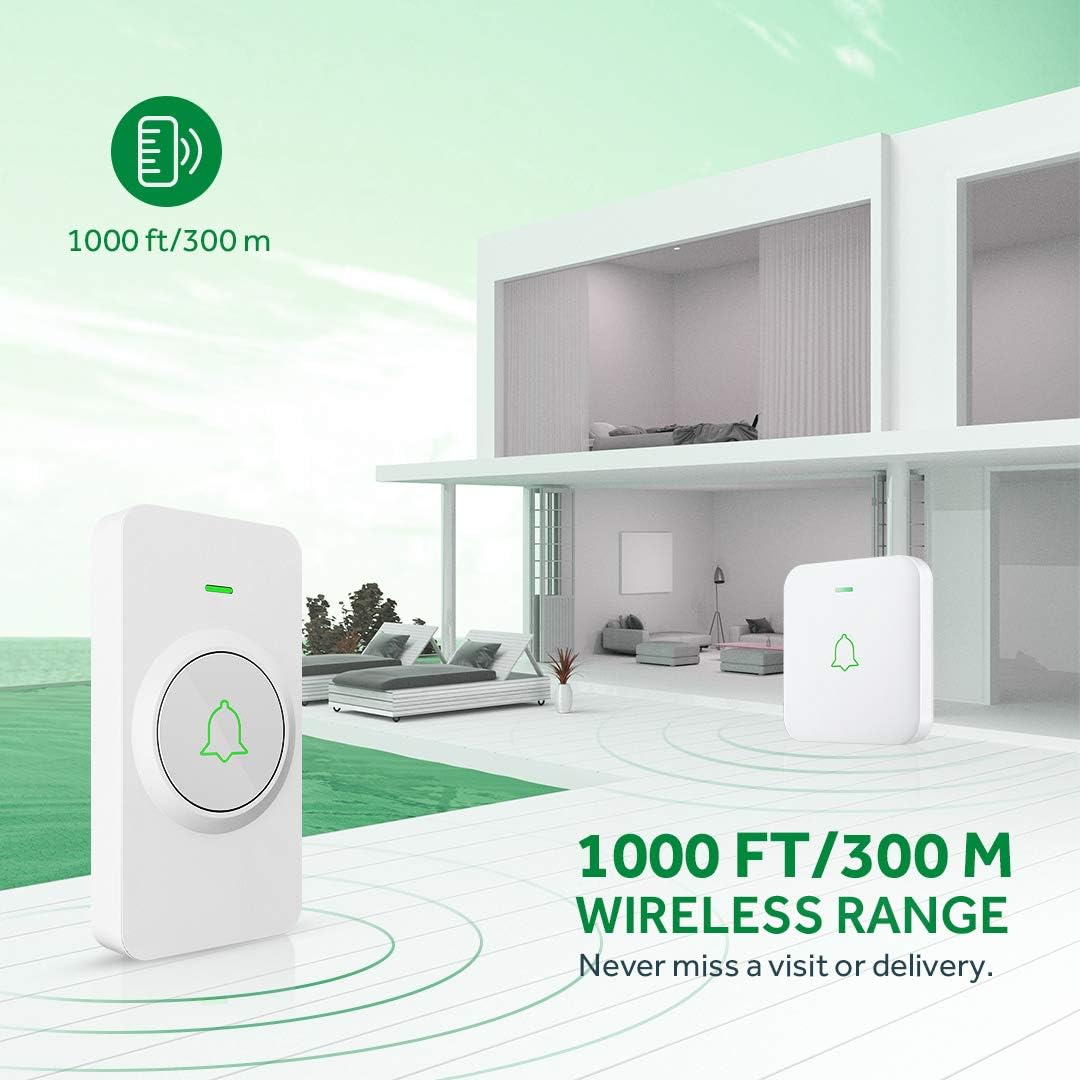 AVANTEK doorbell showing 300M wireless range in a multi-story house diagram.
