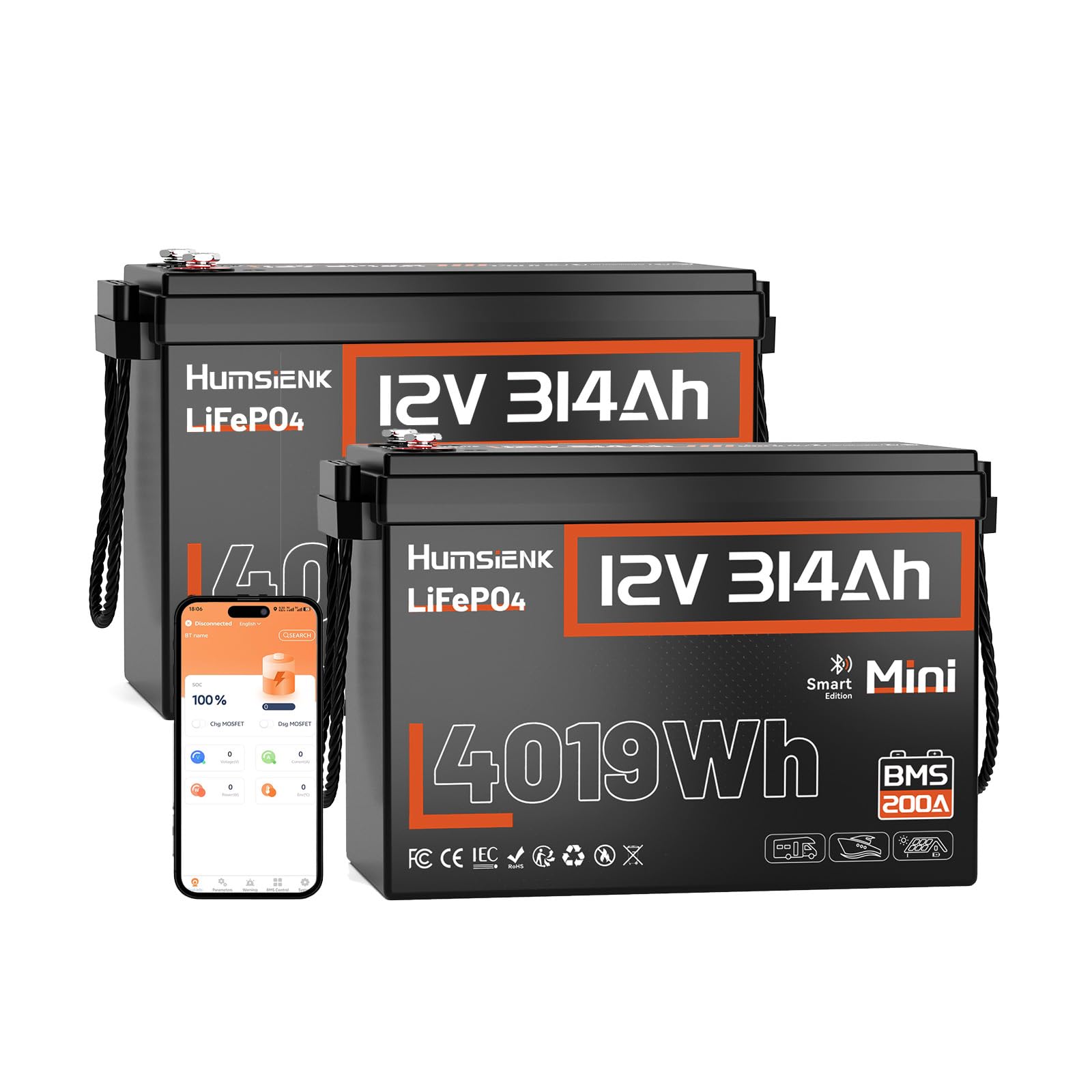 12V 300Ah (314Ah) LiFePO4 Lithium Battery Max. 4019Wh,15000+ Deep Cycles,200A BMS with Bluetooth,Lithium Iron Phosphate Rechargeable Battery Great for RV, Marine and Off Grid, 2 PACK