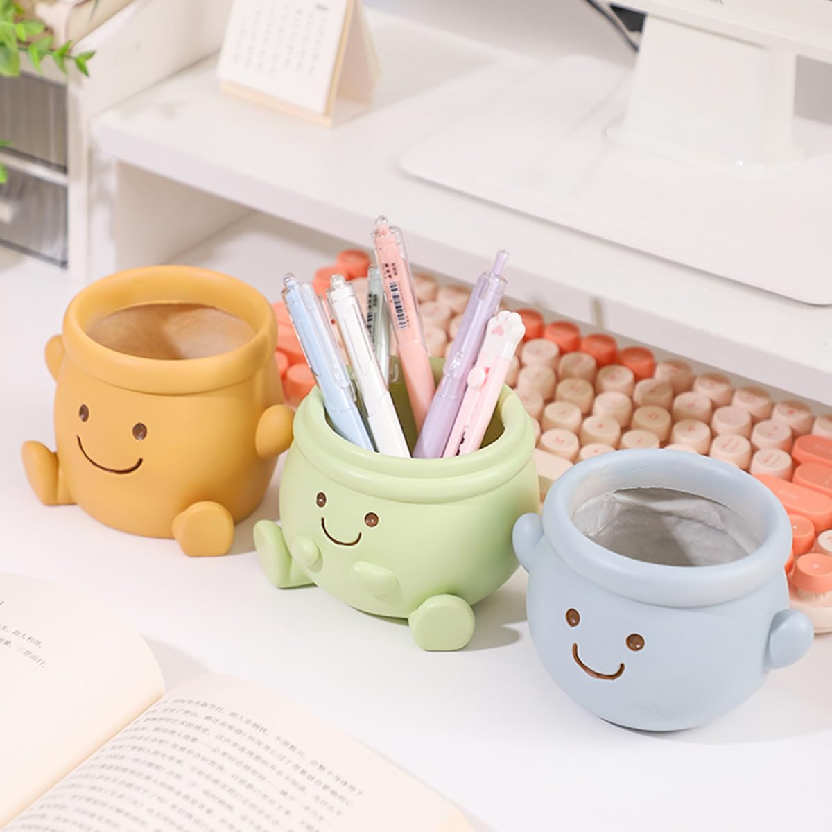 Maceta de cara bonita, macetas pequeñas de resina para plantas de interior, divertida maceta de cara sonriente con agujero de drenaje, idea de regalo para cumpleaños, Navidad (verde)