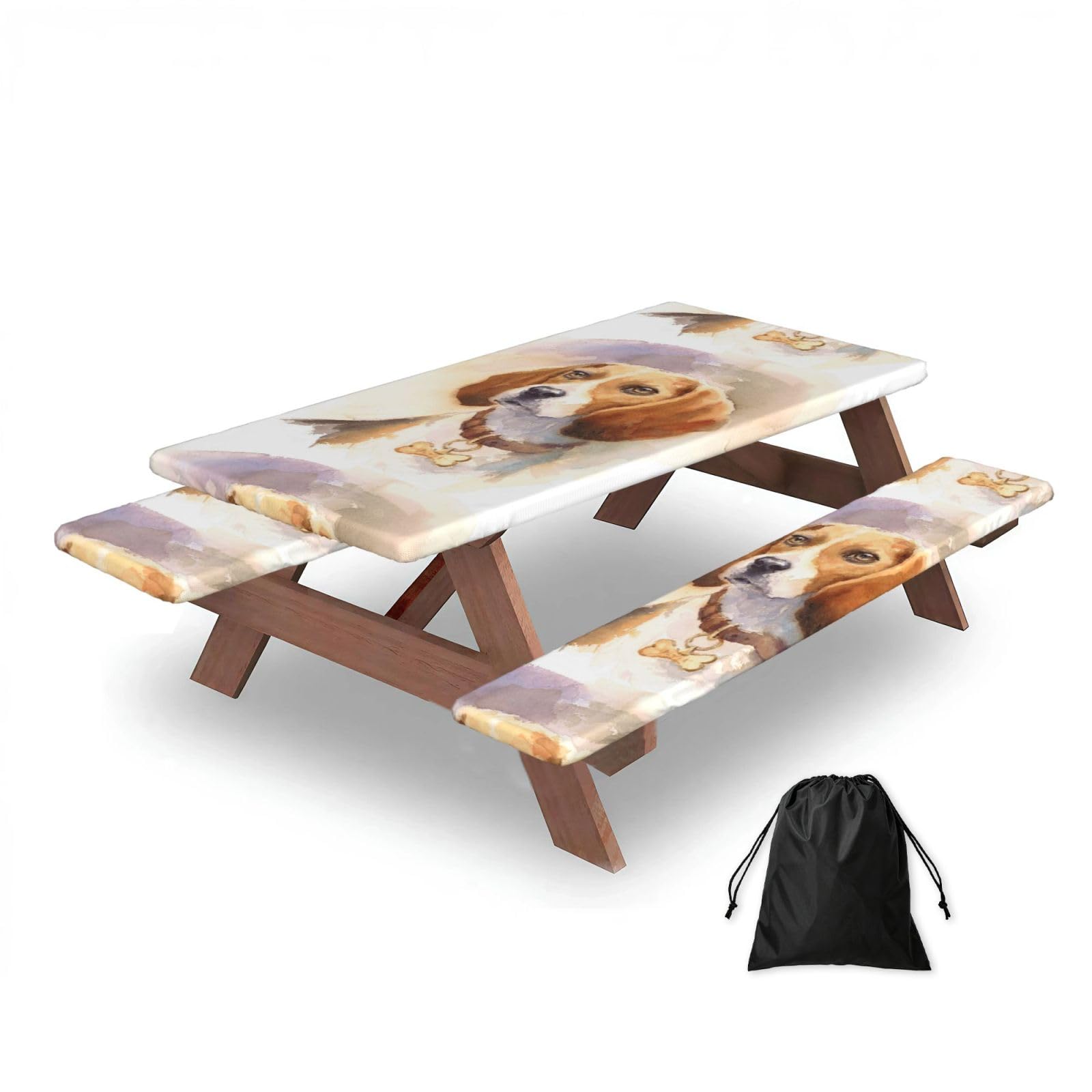 Dopklna As Picture Watercolor Beagle Head, Picnic Table Cover With Bench Covers -Waterproof Elastic Fitted Tablecloth For Garden Camping Patio 76X152cm