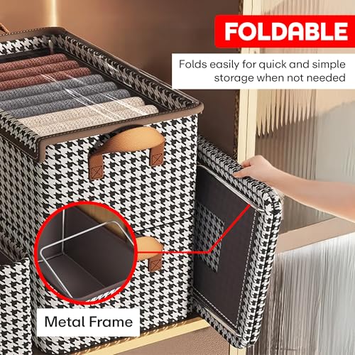 Image of PRIME PICK Foldable Clothes Storage Organizer Box with Handles, Non Woven Wardrobe Storage Bag for Clothes, Blankets and Toys, Black White (Black Pack of 4-XXL)