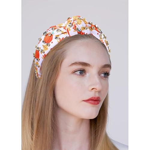 Miniatura 2 de Diadema de otoño para mujer, diadema anudada de Acción de Gracias, con estampado de hoja de arce y calabaza, diadema con nudo superior ancho,