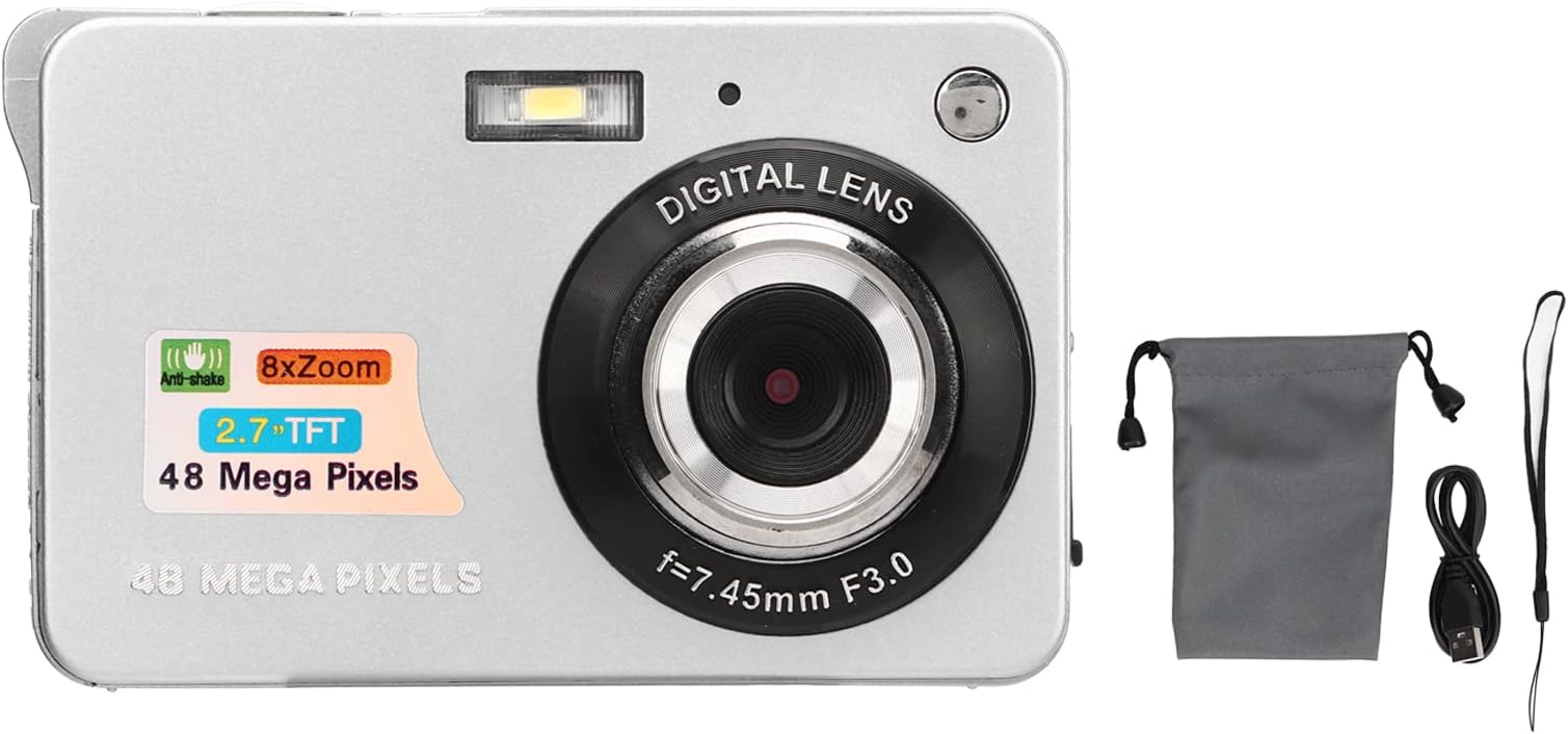 – 48MP 4K Digital Camera with 8x Zoom, 2.7in LCD Display, Anti Shake, for Photography, Continuous with Self Timer, Video Camera, USB Rechargeable, MIni Camera, with Wrist