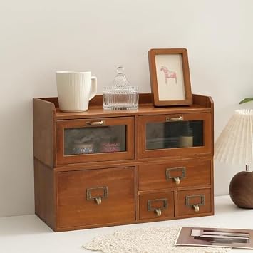 Desktop Organizer with 6 Drawers, Tabletop Drawer Cabinet with Acrylic Door Wood Supplies Organizer Vintage Desk Storage Drawers Brown for Living Room Office