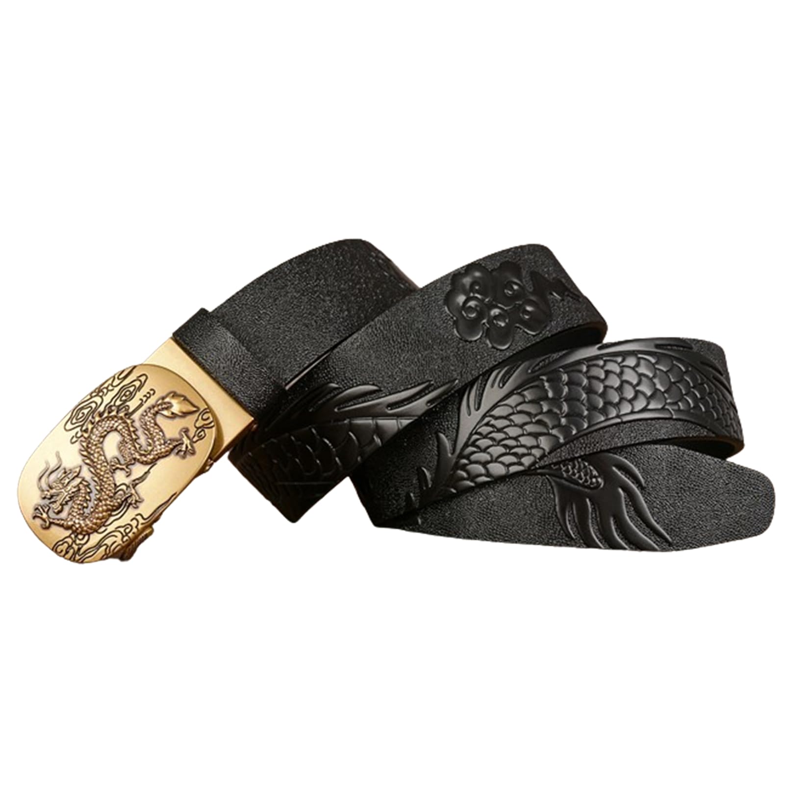 Cinturón De Trinquete para Hombre Hebilla Automática Deslizante Dragon Cinturones De Dragón Tallado En Relieve Longitud 110-130cm Correas De Cuero De Vaca(115cm/45, Black)