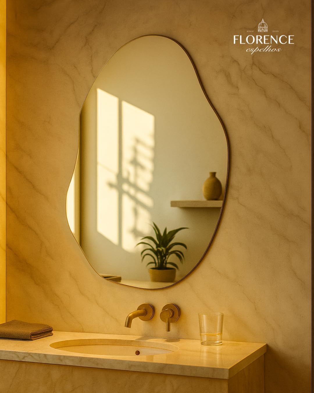 Produto frontal com fundo de parede marmorizada em tons quentes/dourados; estética de banheiro/vanity minimalista e elegante.