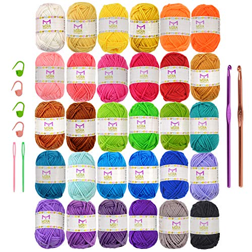Mira Handcrafts 30 Acrylic Yarns  DK Yarn for Crochet and Knitting  2 Crochet Hooks, 2 Plastic Needles, 4 Stich Markers, 7 Ebooks with Yarn Patterns Included  Perfect Craft Yarn