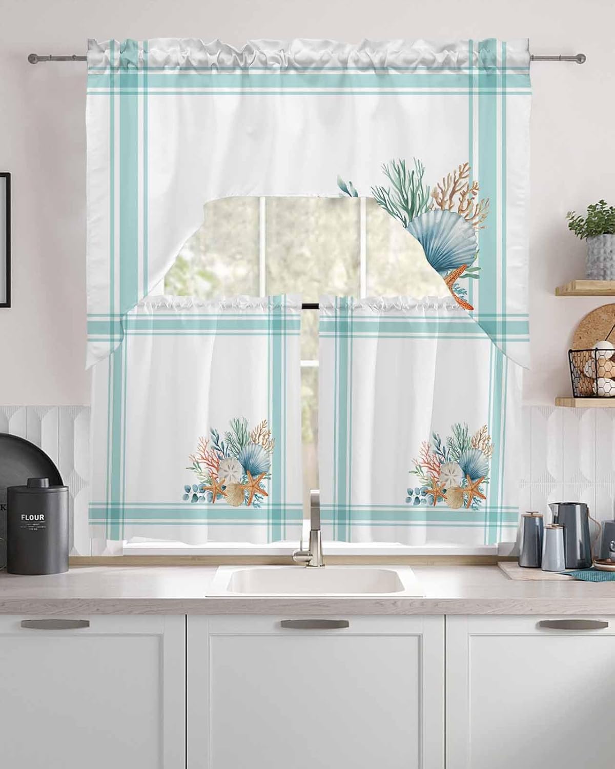Aqua Coastal Swag Curtains Valance and Tier Set, Rod Pocket Curtain Drapes for Bedroom Bathroom Kitchen Curtains 3 Piece Set Nautical Seashells Coral Leaves Stripes Swag Valances and 36 inches Tiers