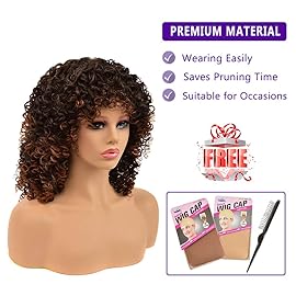 YEAME Curly Wigs for Black Women - Kinky Curly Afro Wig with Bangs 2 Tone Brown Mixed Blonde Color Synthetic Hair African Wigs with 1 Wig Comb and 4pcs Wig Caps