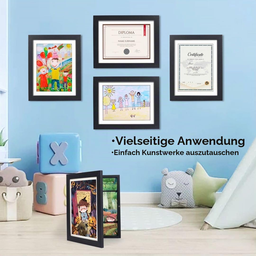 2 Stück Bilderrahmen Kinderzeichnungen A4,Bilderrahmen Aufklappbar für Kinderbilder,Frontöffnung Phoframe für Kunstwerke,Kunstprojekte,mit Aufbewahrung,Tief zum Befüllen(Schwarz)