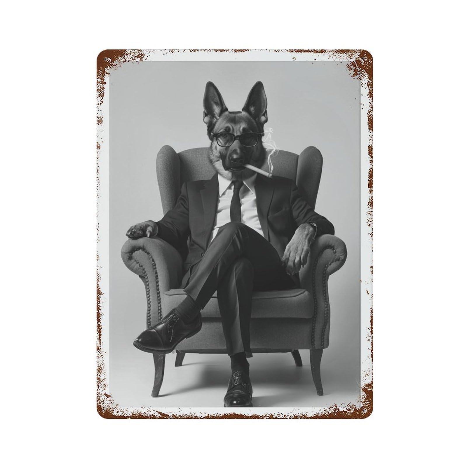 xiaoxiaoshen German Shepherd Smoking Black And White Wall Decor Art Metal Tin Poster Modern Home Decor Art Home Bar Shop Decorations Vintage Sign 40x30cm