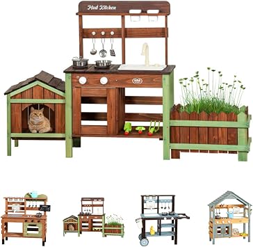 Pretend Play Kitchen Set, Educational Toy, Solid Wood, Outdoor Play Kitchen, Childrens Toy, Cookware Included, Pretend Play Set, Kitchen, Mini Kitchen, Food Toy, Childrens Wooden Log Set, Construction Building, Cute, Storage, Present, Christmas Gift, Birthday Gift, DIY, Safe and Safe Design 3-in-1 Type