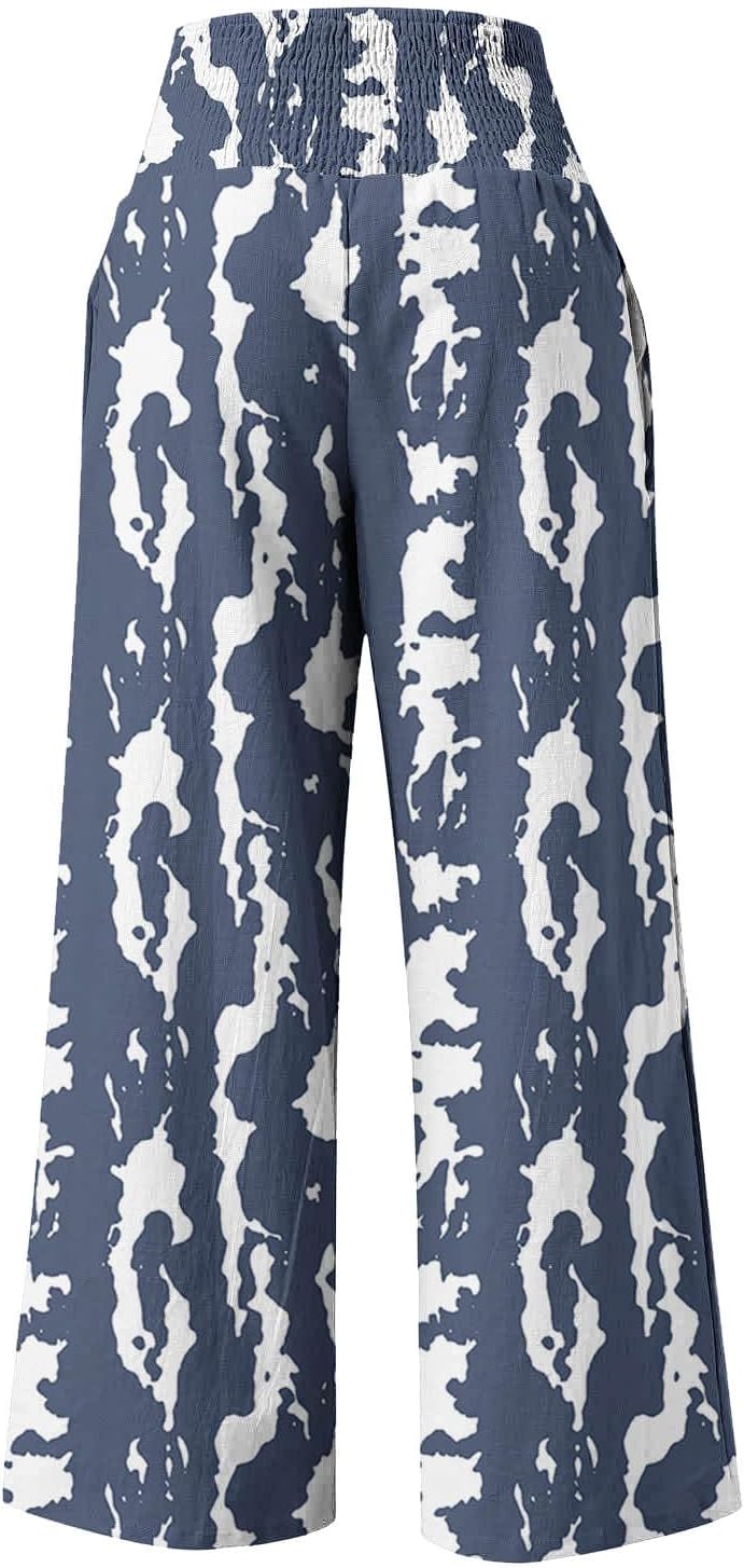 Women Floral Print Linen Palazzo Pants Summer Boho Wide Leg High Waist Lounge Pant Beach Travel Vacation Outfits