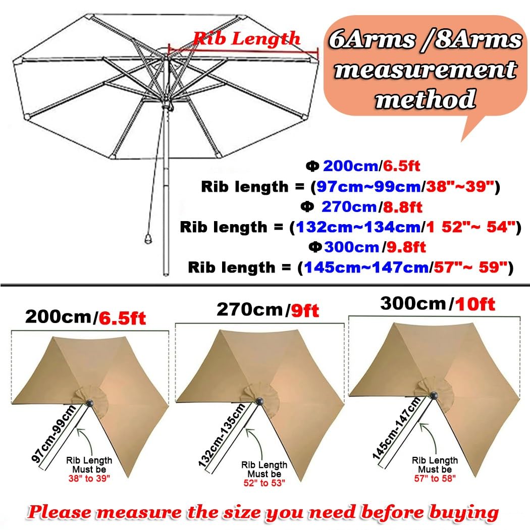 Auvent De Rechange Pour Parasol De Terrasse - 2m/2.7m/3m - UV50+ - Avec 6 Ou 8 Baleines