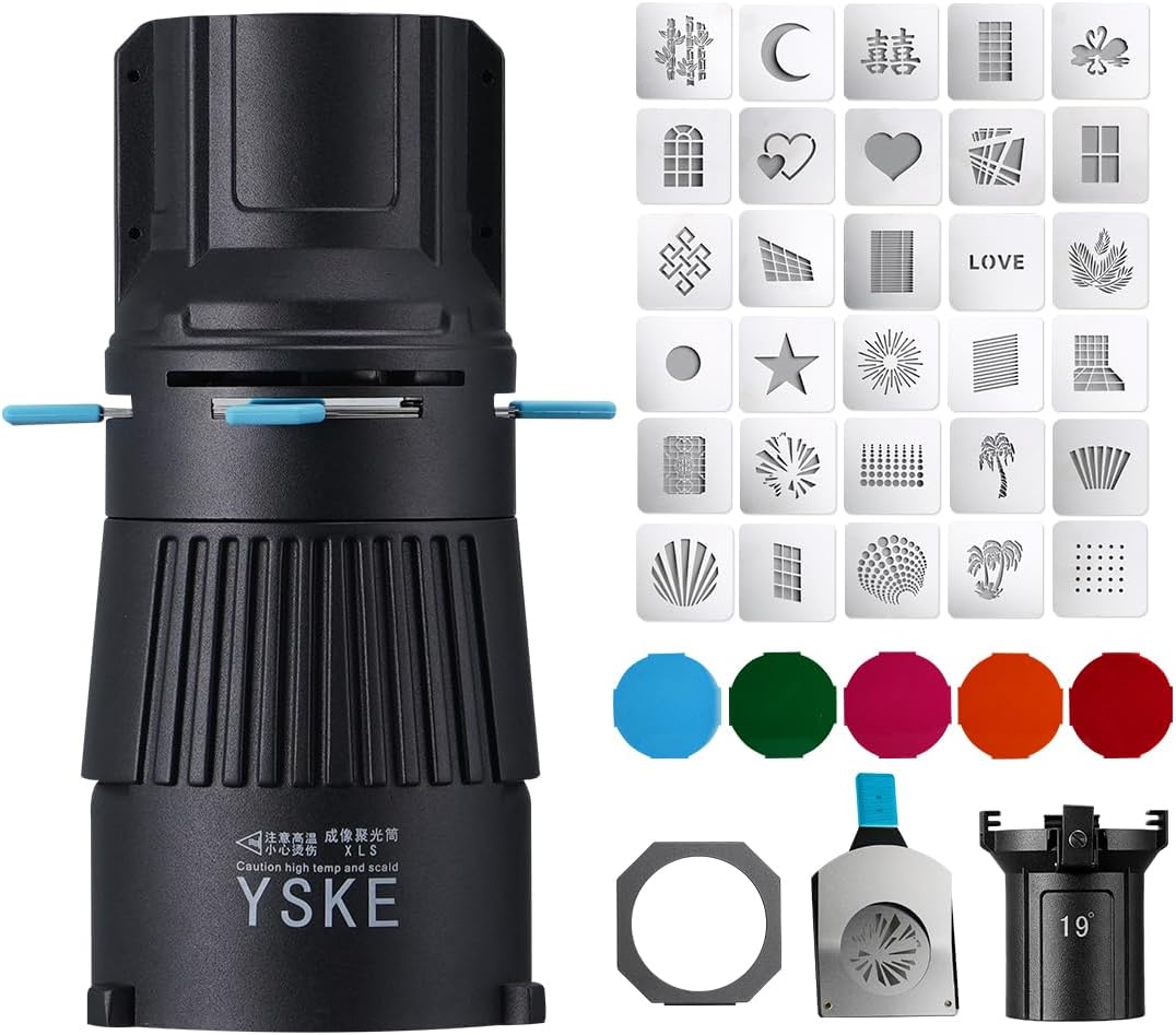 YSKE-Bowens Mount Spotlight Conical Optical Snoot kit 19°,Photography Studio Lighting Accessory with 30 Metal Gobos&5 Color Gels Focus ControlCompatible for Aputure Godox Nee*wer Profoto LED Lights