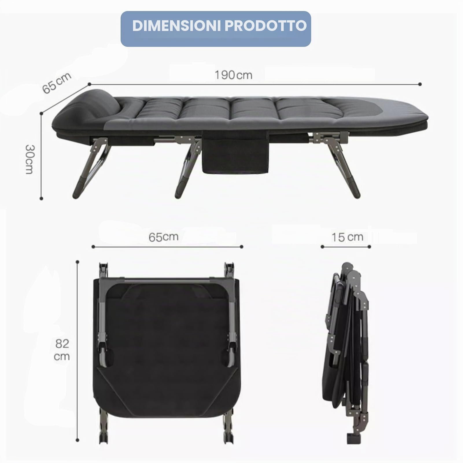 Lettino Prendisole Pieghevole, Sedia Sdraio da Giardino, Regolabile in 6 Posizioni, Lettini Prendisole con Tasca Laterale, Sedia a Sdraio per Balcone, Giardino, Campeggio (Nero)