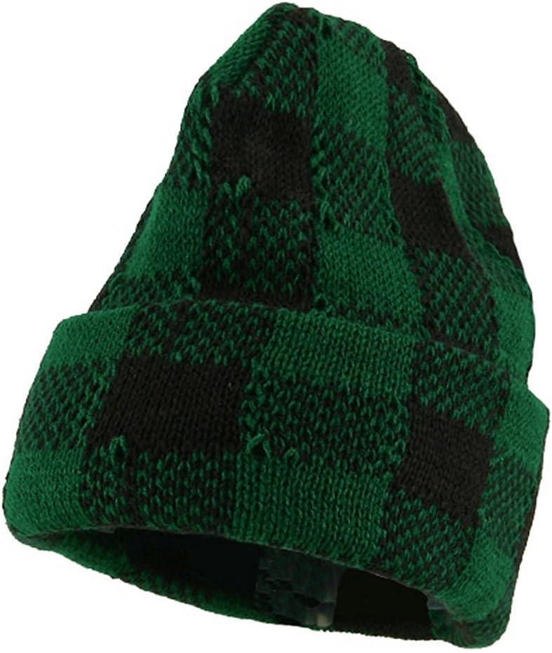 Buffalo Plaid Cuff Beanie Hat - Green Black