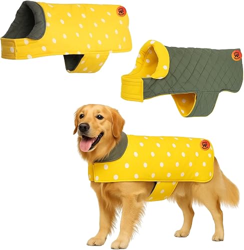 What's Poppin Dog Polka Yellow Coat | Warm Winter Jacket for All Breeds | Reversible Coat with Waterproof Side Cloth Lining | Adjustable Straps, Stylish | Cold Weather Protection (4XLarge - 26inch)