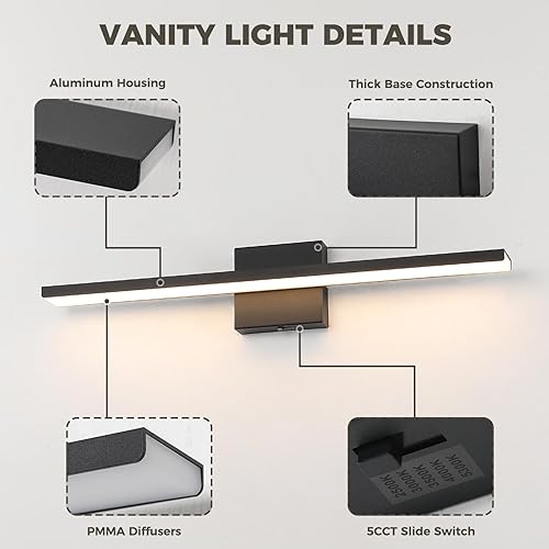 Miniatura 4 de JUSHENG Luces de Tocador Negras para Baño 5CCT Regulables Accesorios de Luces de Tocador para Baño Luz LED de Tocador Barra de Luz de Tocador 24