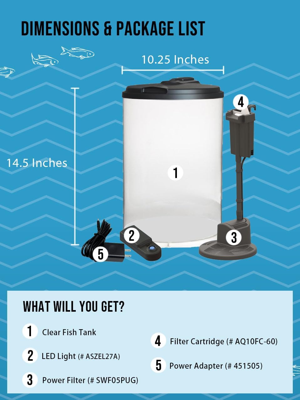 Koller Products AquaView 3-Gallon 360 Aquarium with LED Lighting (7 Color Choices) and Power Filter, 10.25 x 10.25 x 14.5