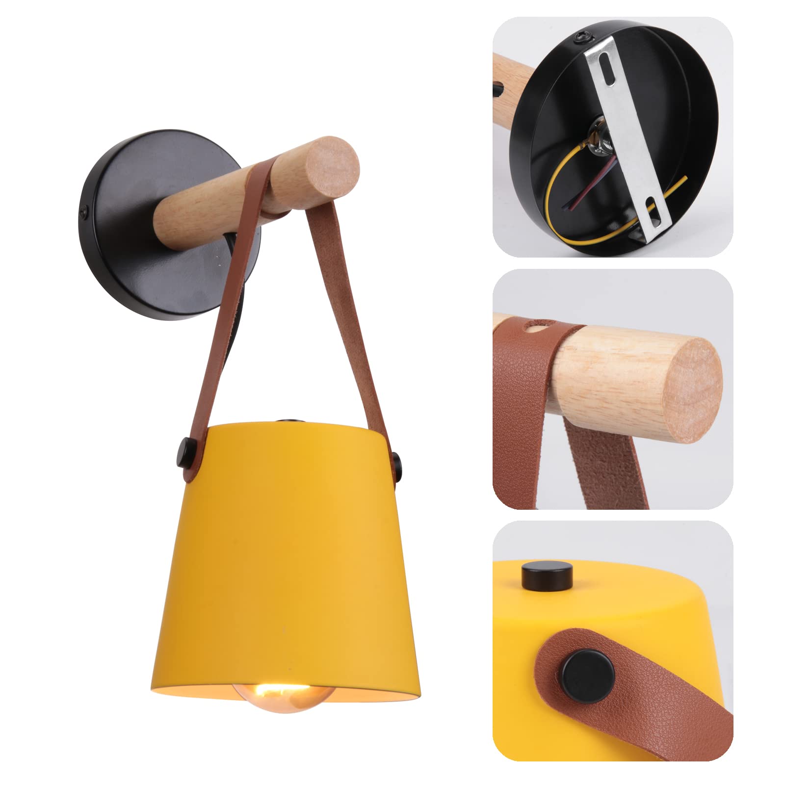 iDEGU 2 Stücke Wandlampen Retro Wandleuchte Innen Vintage Lampe in Holz und Metall E27 Hängelampe Wandleuchte für Schlafzimmer Flur Wohnzimmer (Gelb, 2 Stücke)