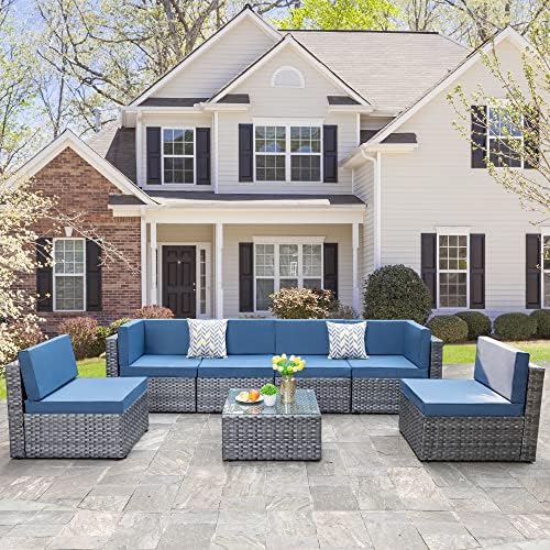 SUNLEI 7pcs Patio Conversation Sets Outdoor Furniture Sets, High Back All-Weather Rattan Sectional Sofa with Tea Table&Washable Couch Cushions(Silver Rattan) (Aegean Blue)