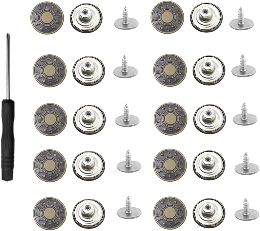 10 Piece Adjustable Jeans Buttons - 17mm Removable Metal Buttons for Pants, Clothing, Bags