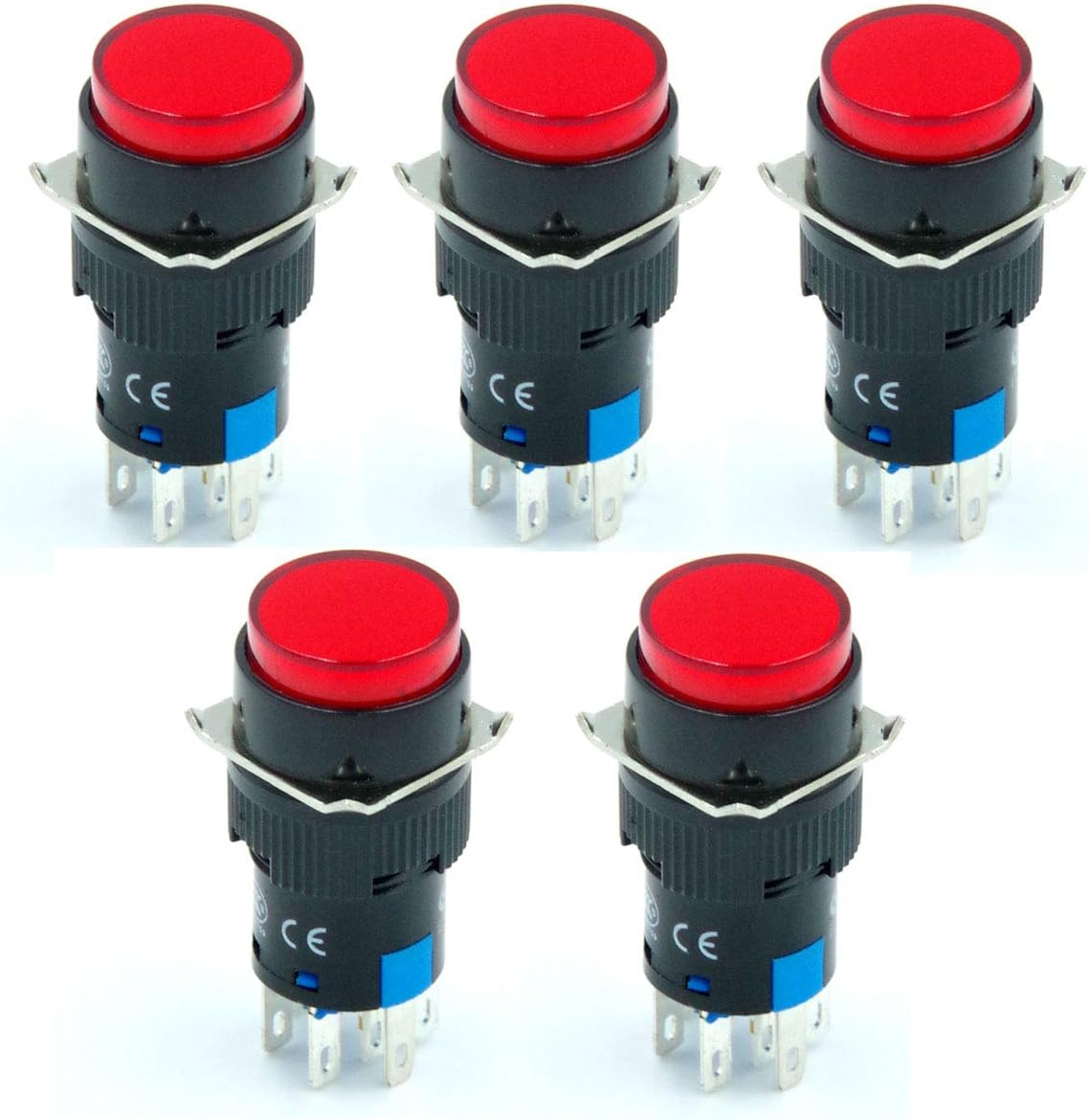 16mm 2NO 2NC Push Button Switch Momentary Round LED Lamp Red Light AC DC 6V 8 Pin 5 Pack