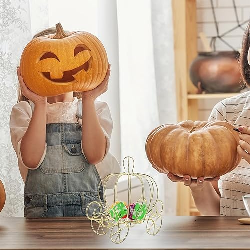 Miniatura 9 de Veemoon 6 piezas de caja de dulces de calabaza, centro de mesa, decoración de carro de carro de calabaza de princesa de alambre dorado, exhibición