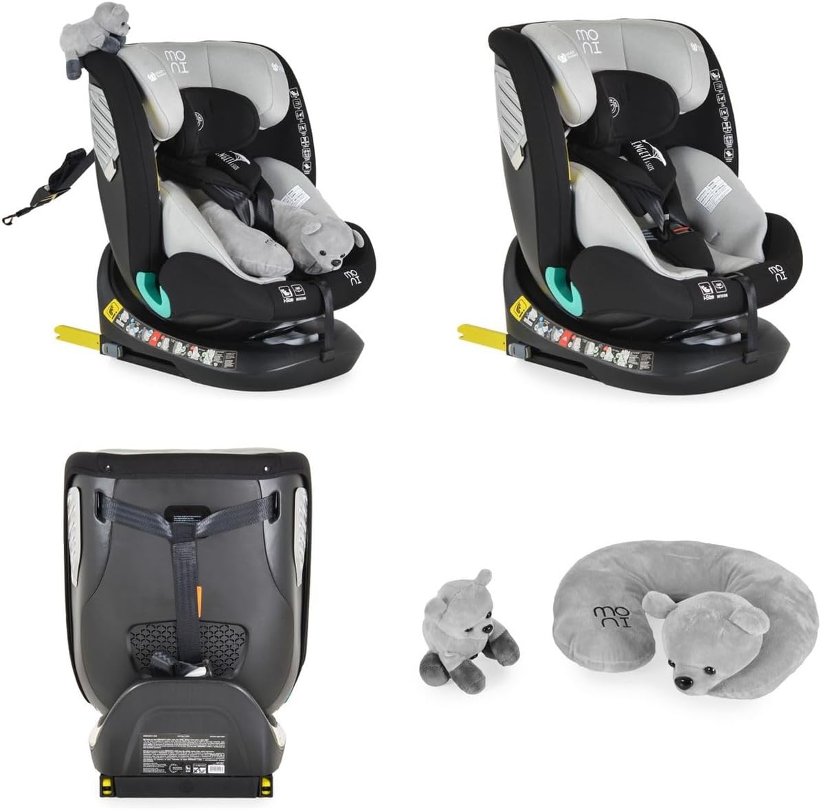 Moni Serengeti i-Size car seat base with Isofix connectors extended and Top Tether strap visible.