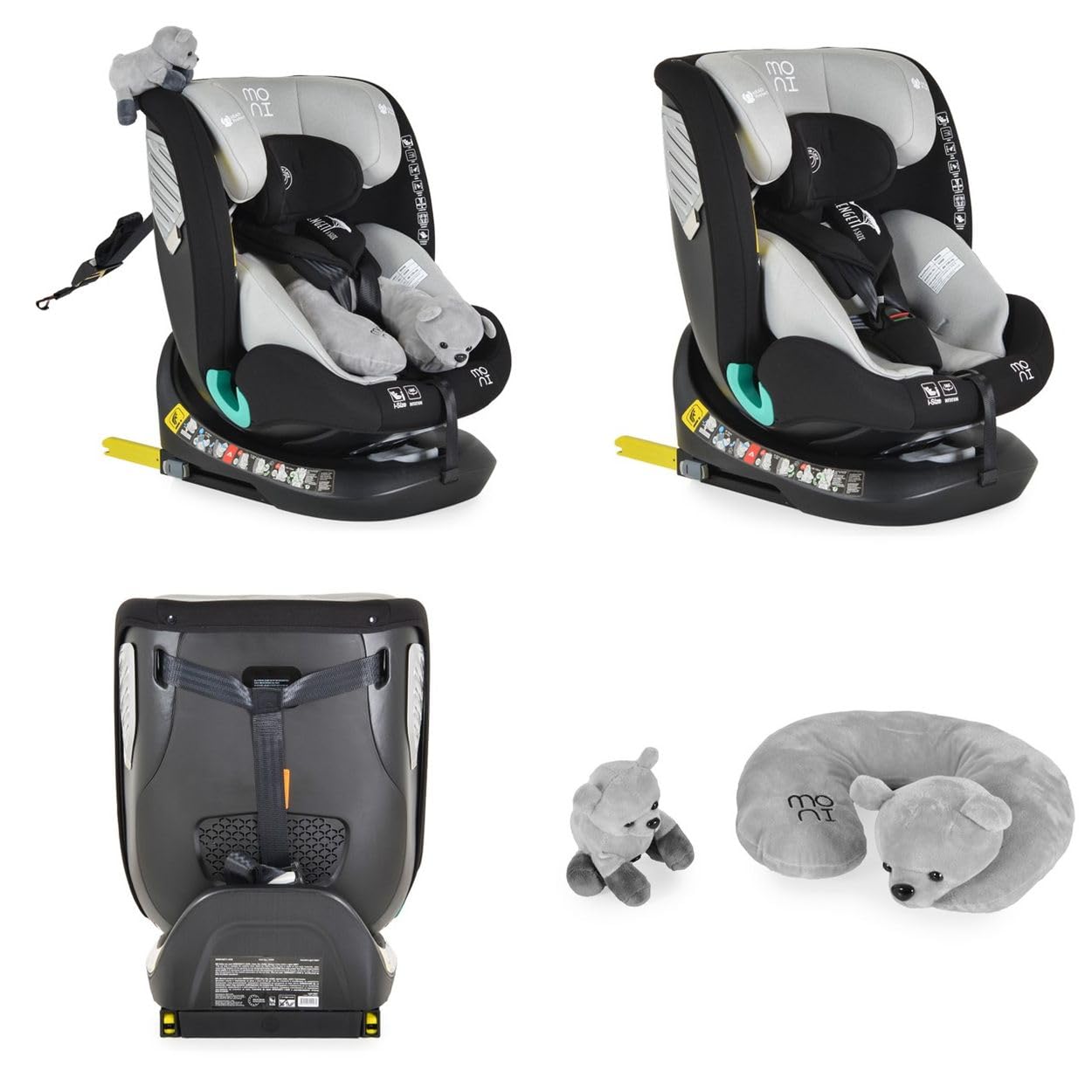 Moni, siège enfant i-Size Serengeti (40-150cm) Isofix, coussin pour la nuque, coloris:Gris