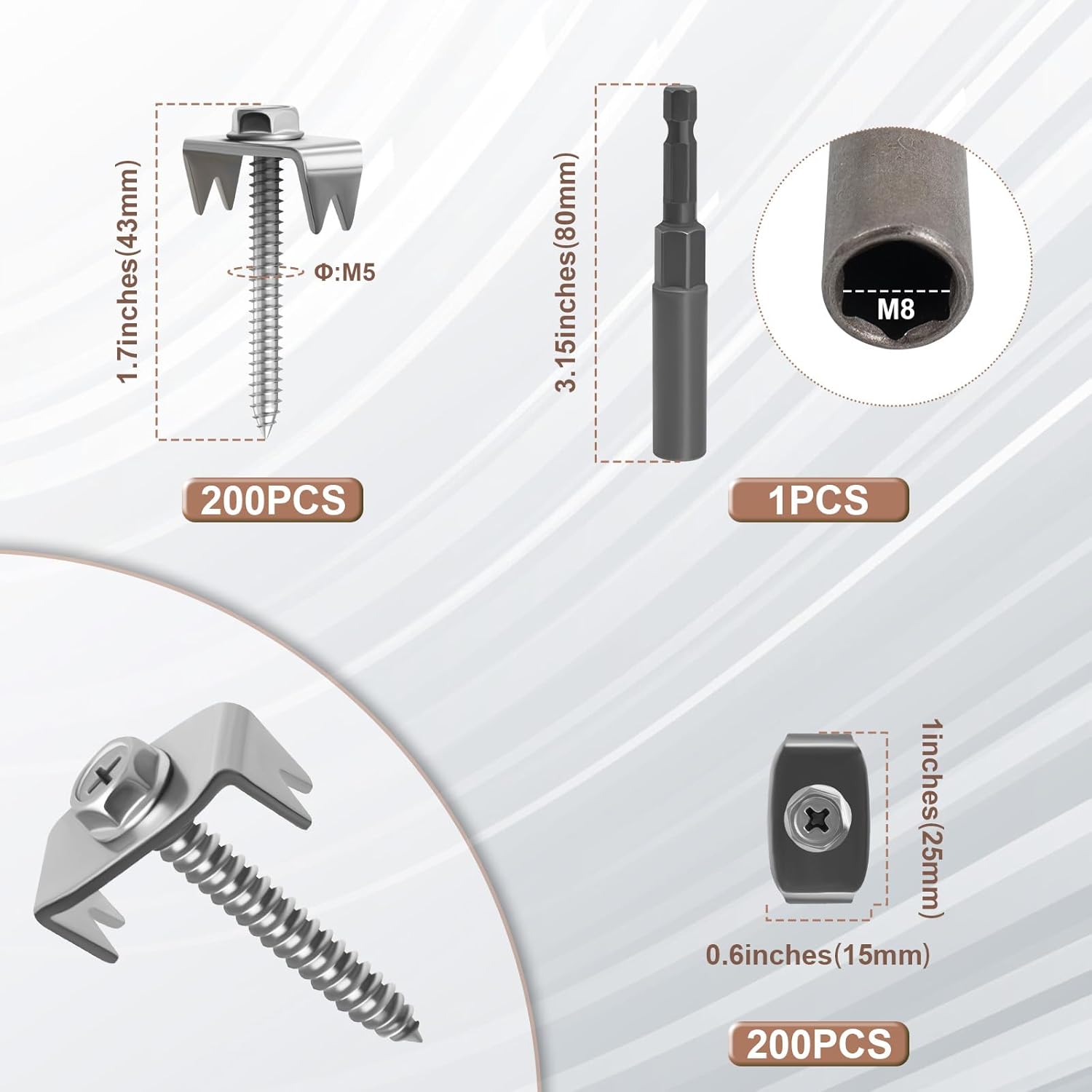 Fence Staples with Screws, 200 Pack Stainless Steel Fence Fasteners, Heavy Duty Wire Clips with Driver Bit, Reusable Barbed Fence Post Staples for Mesh, Cattle Panels, Chicken Wire and Garden Fencing