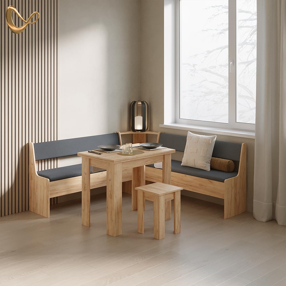 Livinity Conjunto con Banco esquinero Tiberio, Roble Dorado, 180 x 180 cm con Mesa